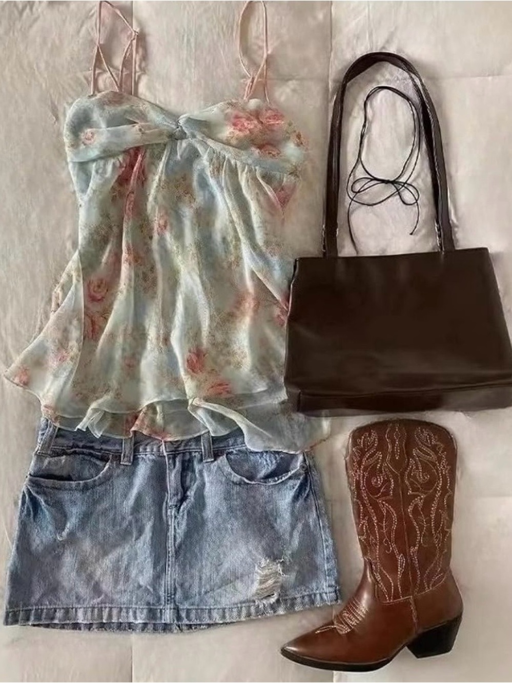 Floral Chiffon Tie-Front Cami Top - Light Blue/Pink